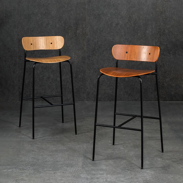Contemporary Backrest Solid Wood and Metal Counter High Stool with 4 Legs