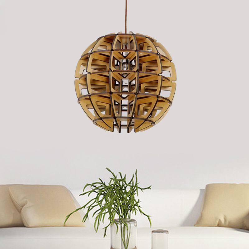 Hand-Worked Beehive Ball Hanging Light Asia Novelty Wood 1-Light Brown Pendant Ceiling Lamp