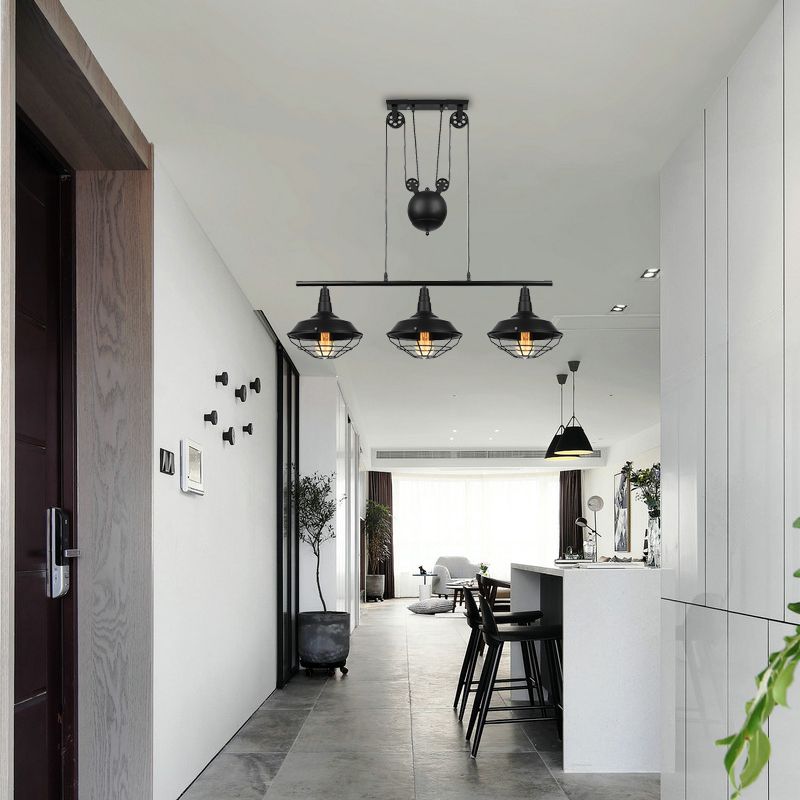 Farmhouse Barn Island Pendant 3 Lights Metallic Pendant Lighting with Cage Shade and Pulley in Black