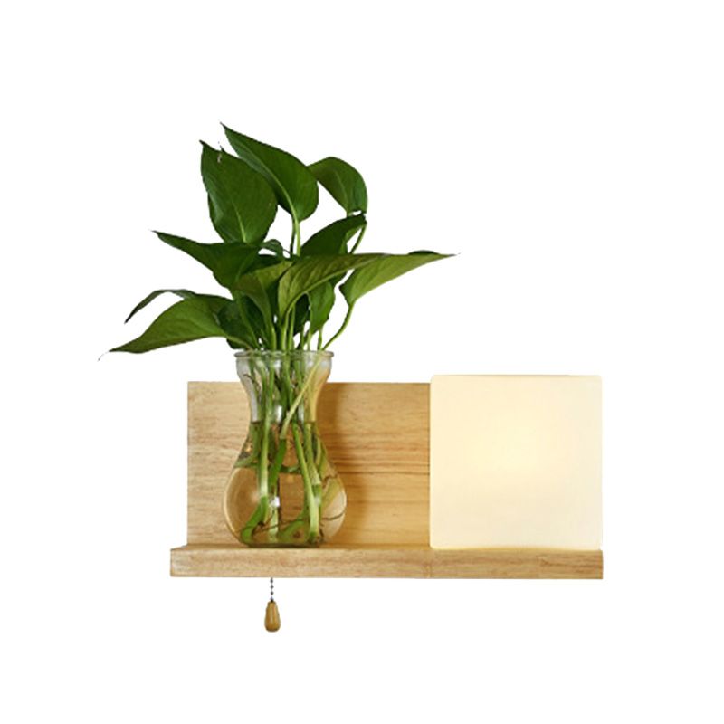 Minimalism Square Wall Light Fixture 1 Head White Glass LED Wall Sconce Lighting in Wood, Left/Right