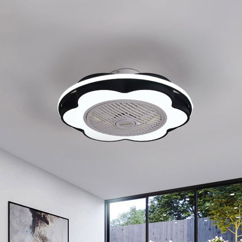 Floral Semi Mount Lighting Modernism Metallic 28" Width LED Parlor Hanging Fan Lamp in Black/Pink/Blue