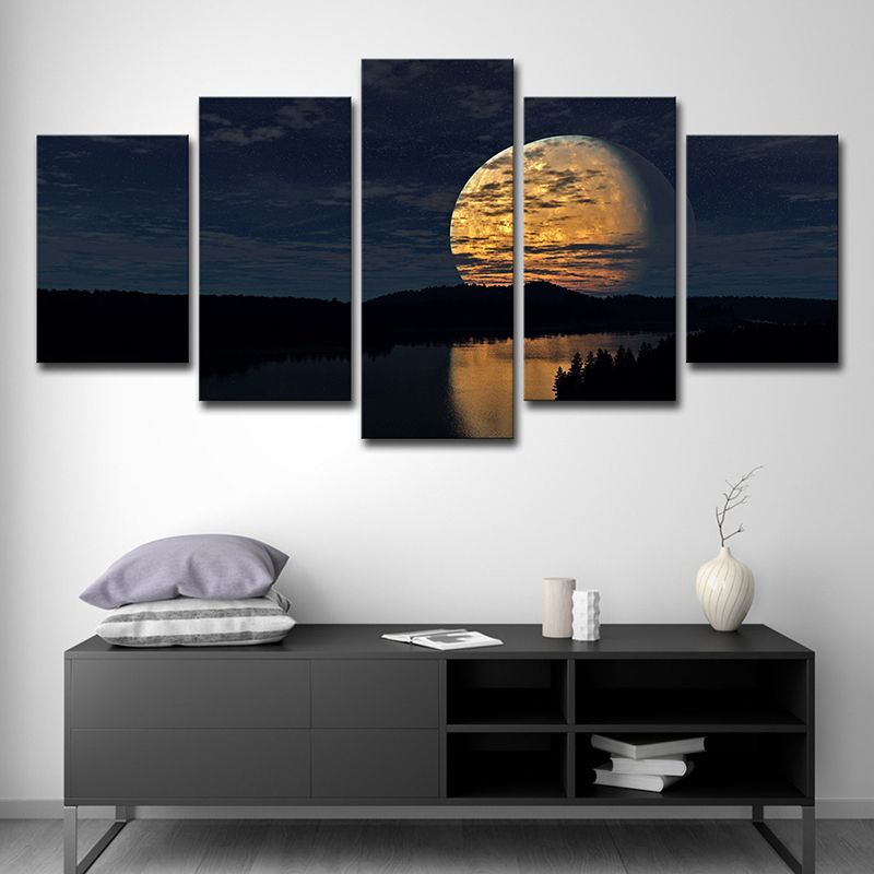 Supermoon over Lake Scene Art Print Kids Bedroom Sci-Fi Canvas in Yellow for Decor