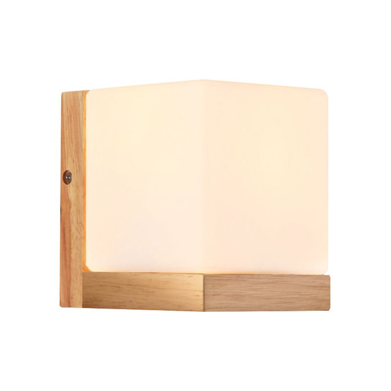 Hotel Restaurant Cube Wall Lamp Opal Glass Wood 1 Light Japanese Style White Wall Lamp