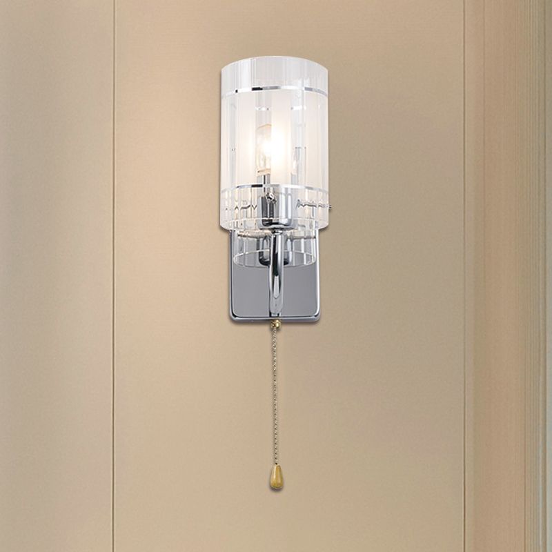 Clear Glass Chrome Sconce Light Cylinder 1/2 Light Modern Wall Lamp Fixture for Living Room with Pull Chain