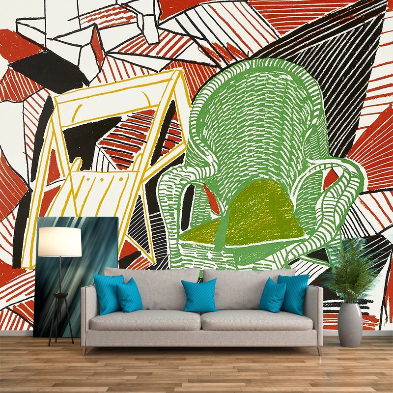 Artistic Abstract Chair Wall Murals Red-Green Stain Resistant Wall Covering for Living Room