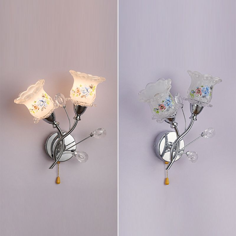 Modern Flower Flush Mount Wall Sconce 2-Light Bedroom Wall Sconce Lights with Grass Shade