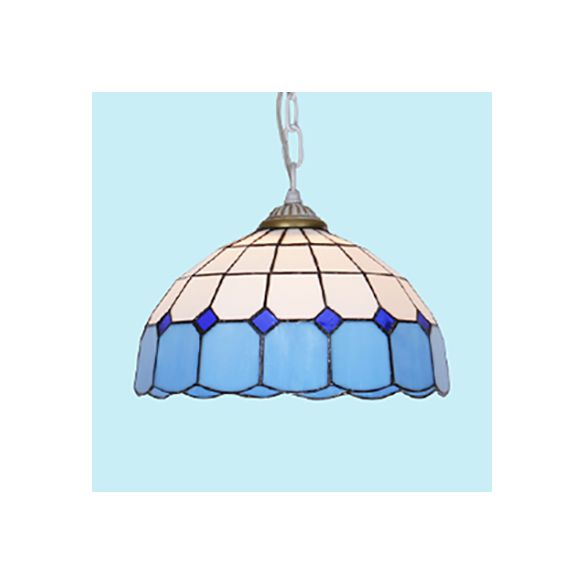 Mediterranean Dome Hanging Light Stained Art Glass 1 Bulb Pendant Light Fixture in White/Blue/Bronze