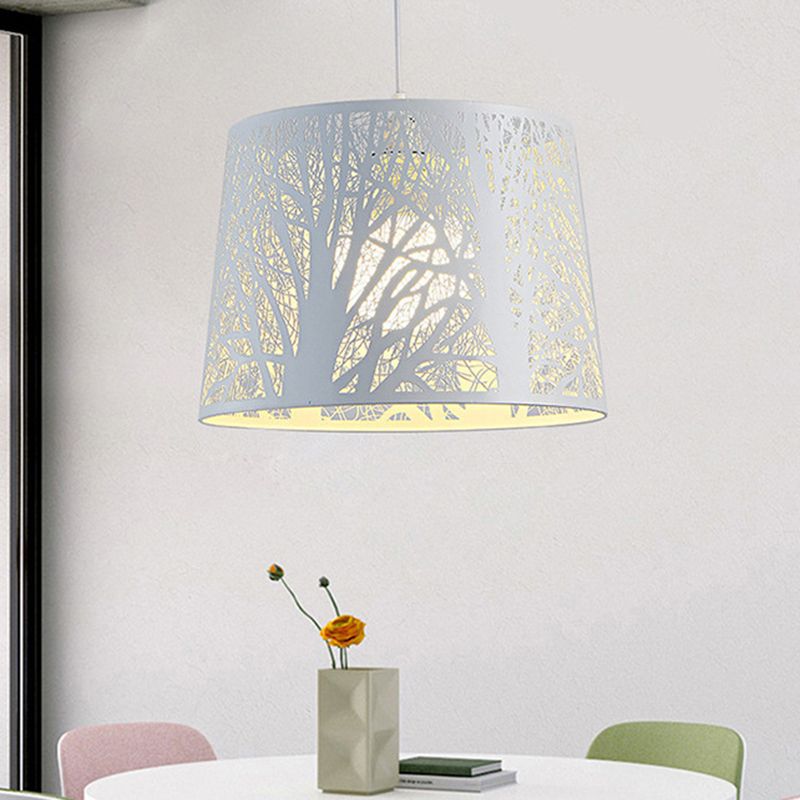Simple Drum Suspension Pendant Metal 1 Light Dining Room Hanging Lamp Kit in White