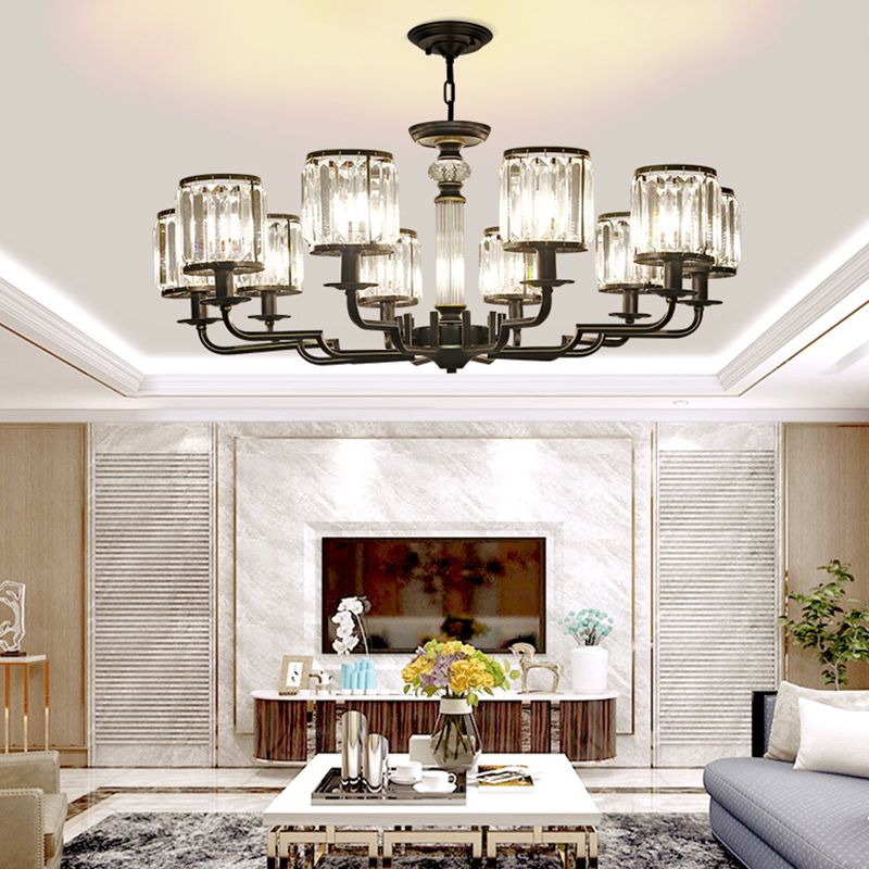 Black Finish Pendant Lamp Minimalist Crystal Cylinder Hanging Chandelier for Bedroom