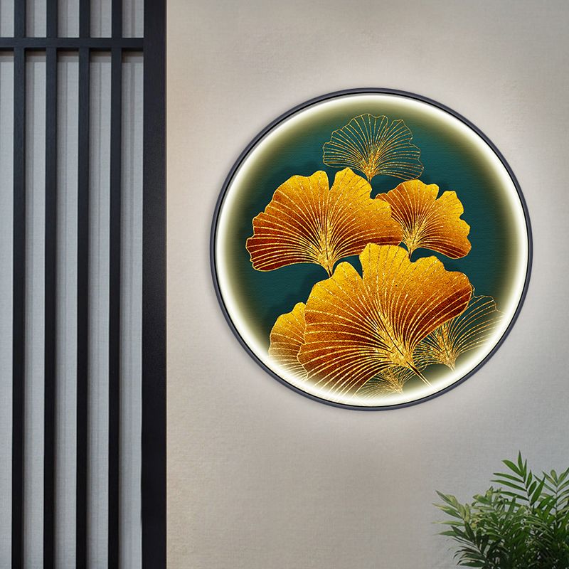 Asiatische runde Wand Wandhalterung Lampe LED LED-Korridor Wandleuchte mit Ginkgoblattmuster in Gelb/Gelbgrün