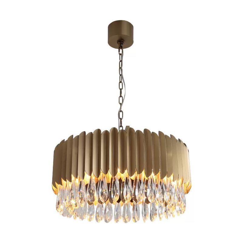 23.5"/31.5" W Metal Drum Suspension Lamp Minimalist Living Room LED Pendant Chandelier in Black/Gold with Crystal Drip