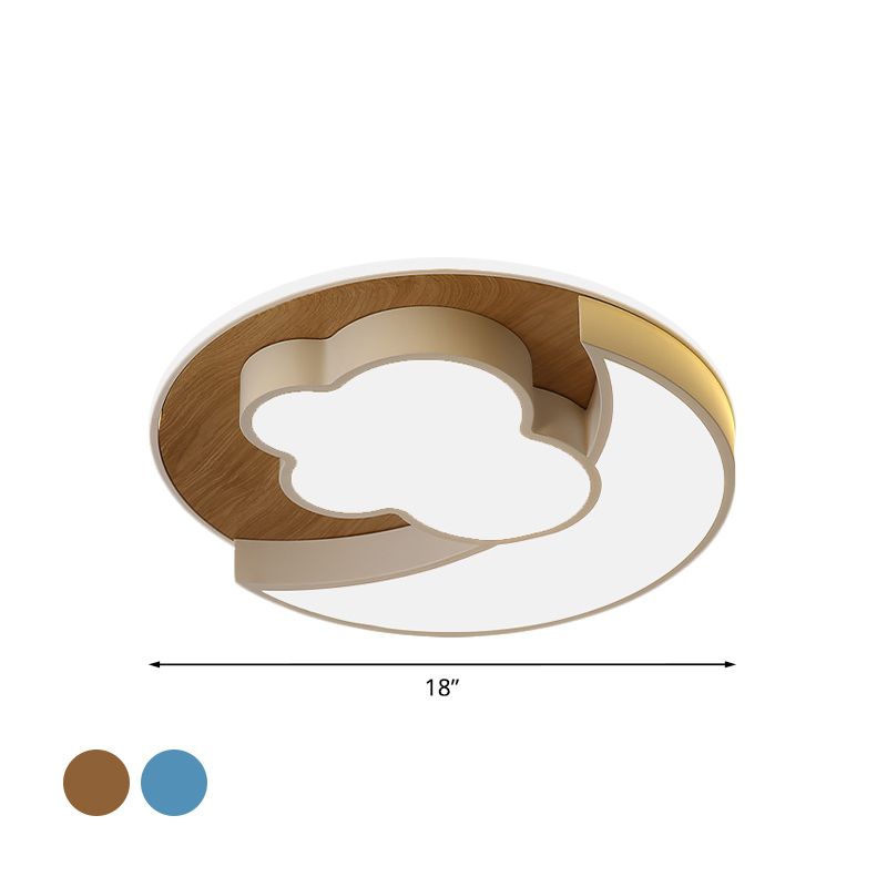 Cartoon Crescent and Cloud Flush Light Iron Child Bedroom LED Flush Mount Recessed Lighting in Blue/Wood