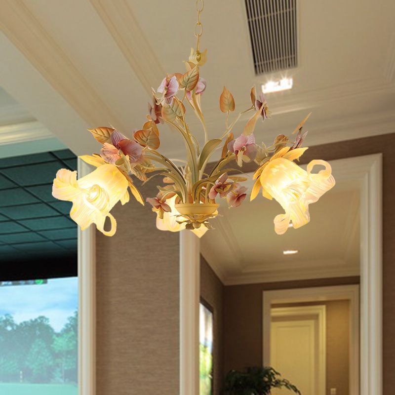 Starburst White Glass Chandelier Countryside 3/6-Bulb Bedroom Pendant with Flower and Leaf Decor