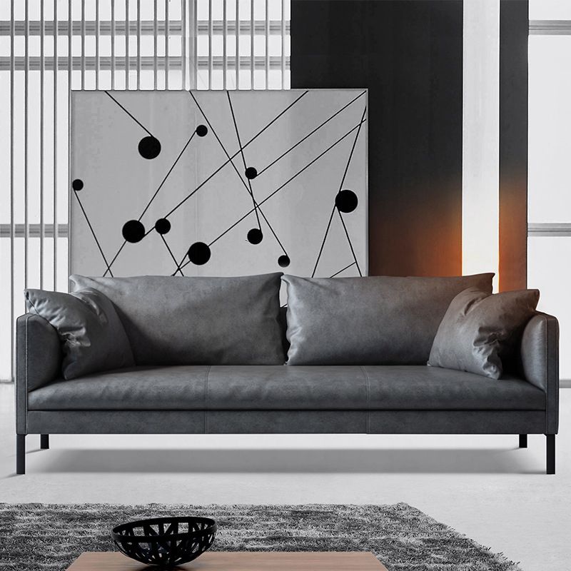 Gray/Green Leather Stationary Sofa 3-seat Tuxedo Arm Sofa with Pillows