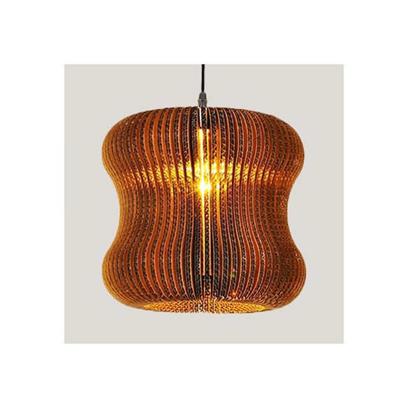 Woven Shade Hanging Lighting Asian Style Corrugated Paper 1 Bulb Restaurant Pendant Lamp in Beige/Brown
