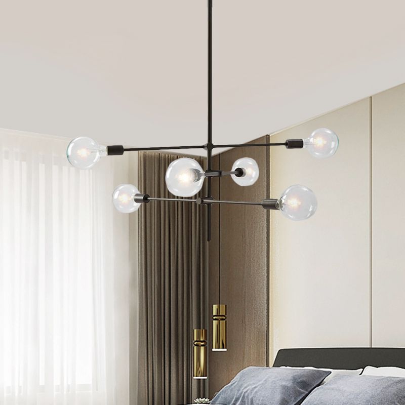 Zeitgenössische Sputnik Kronleuchter Beleuchtung Metallic 6 Lichter Wohnzimmer Anhängerlampe mit freiliegender Glühbirne in Schwarz/Gold