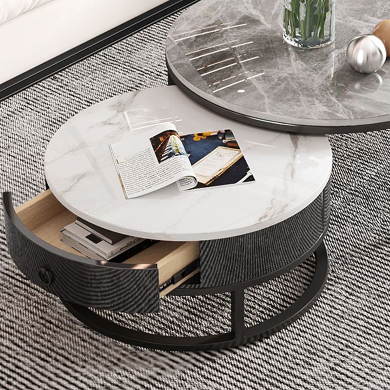 Slate Round Frame Coffee Table Modern Nesting Coffee Table Set with Drawer