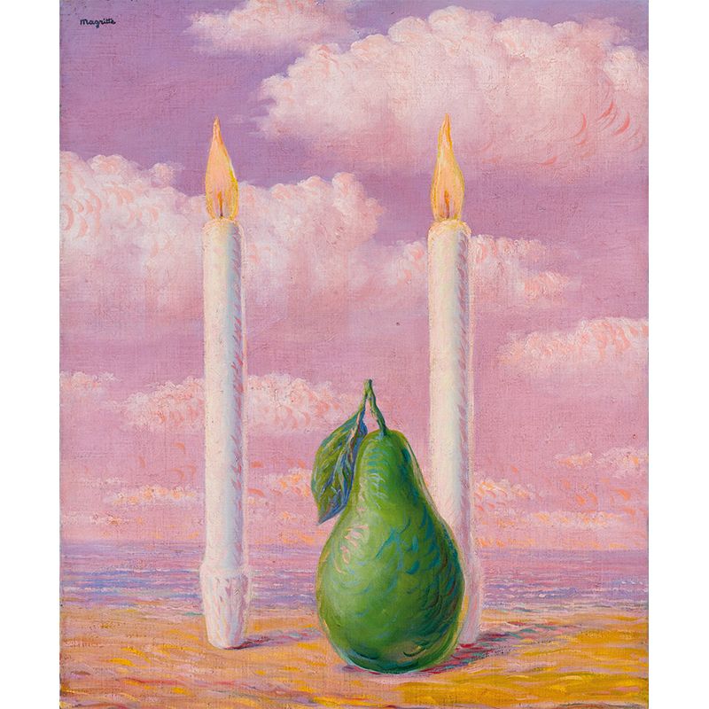 Surrealist Pear and Candle Murals Pink-Green Rene Magritte Drawing Wall Decoration