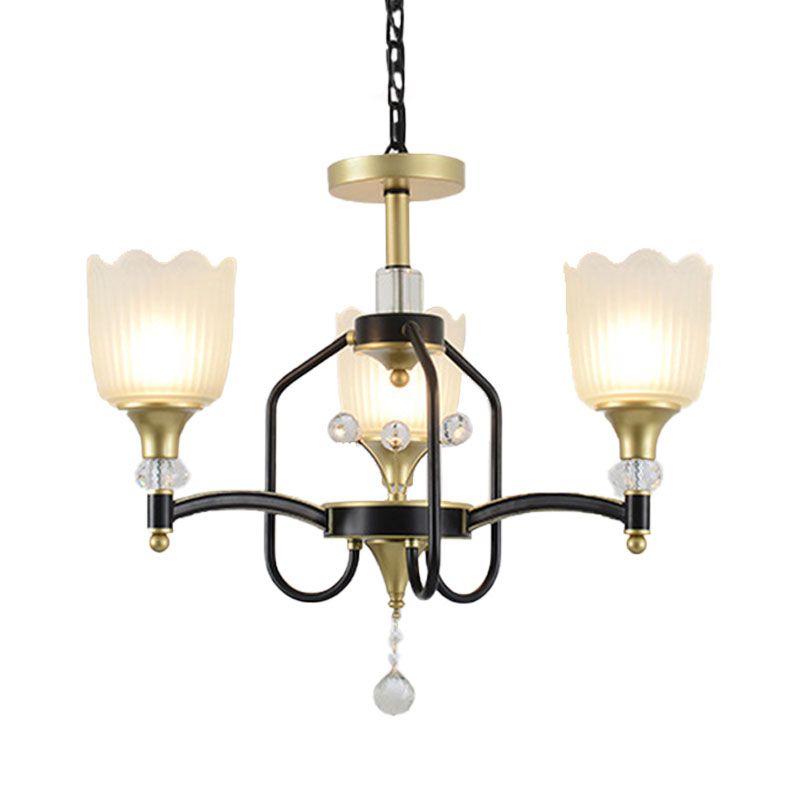 Opal Glass Scalloped Suspension Lighting Fixture Traditional 3/6-Head Bedroom Chandelier Light in Black and Gold