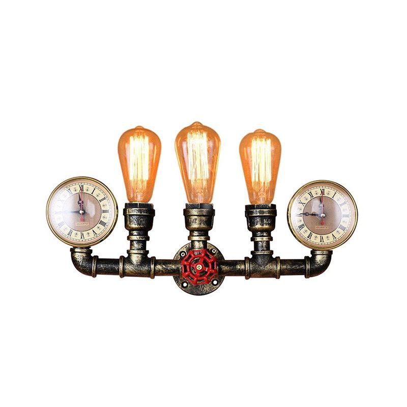 Antique Brass Pipe Wall Sconce Rustic Stylish 3 Heads Wrought Iron Wall Light Fixture with Gauge and Valve Deco