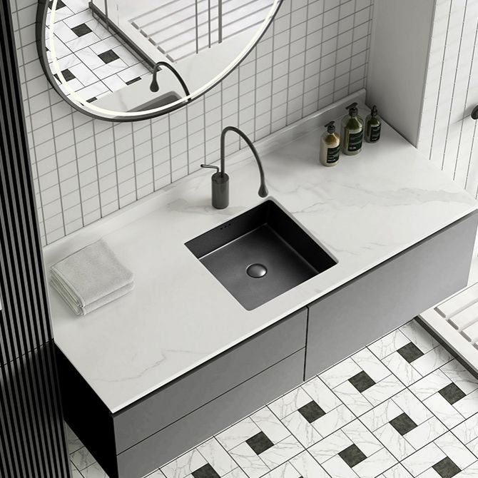 Modern Undermount Vanity Sink Square Porcelain with Pop-Up Drain Basin Sink