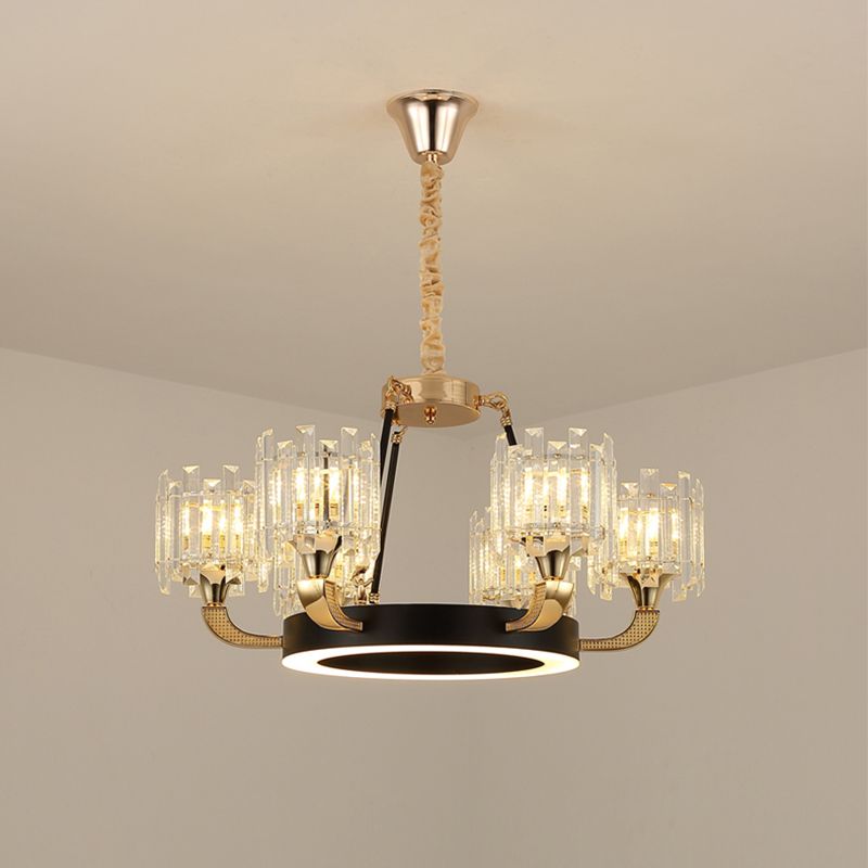 Zwart en gouden 6 lampen hangsel kroonluchter traditionele kristalcilinderschaduw plafondlicht