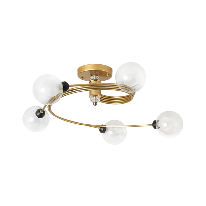 Gold Spiral Semi Flush Lighting Nordic 3/5 Lichter Deckeneinbau mit Orb Klar/Milch/Weiß Glasschirm