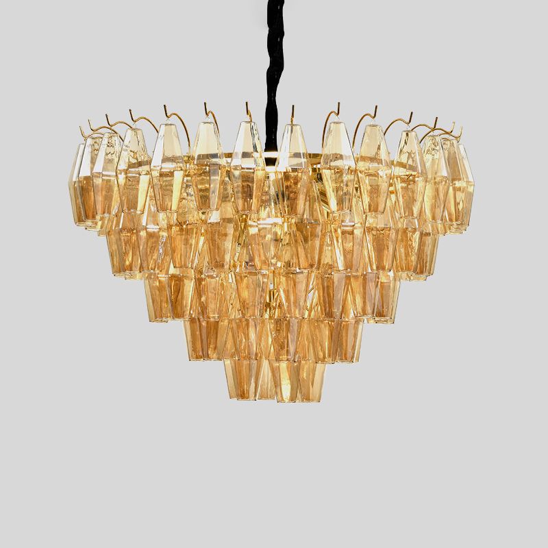 7 Lights Chandelier Traditional Living Room Pendant Lamp with Conical Amber Glass Shade