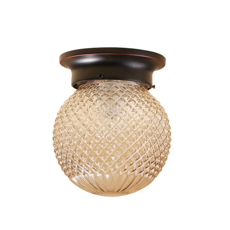 One Light Globe Flush Mount Black/Clear Industrial Ribbed/Opal/Prismatic Glass Lighting Fixture, 6"/6.5" Wide