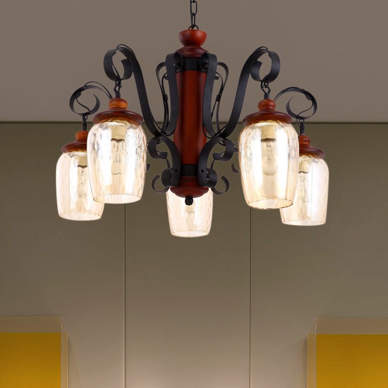 5 Lights Cylinder Ceiling Pendant Light with 27.5" Metal Chain Country Suspension Light in Black