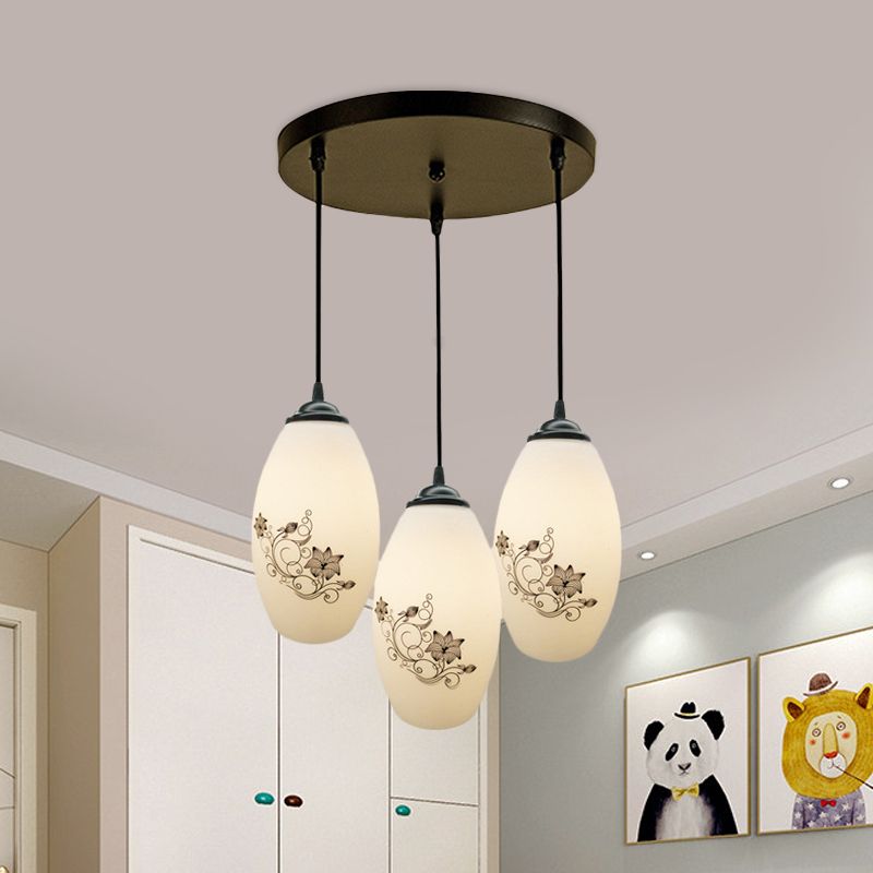 3 Lights Oval Multi-Pendant Modern Black Finish White Printed Glass Ceiling Hang Fixture with Round/Linear Canopy