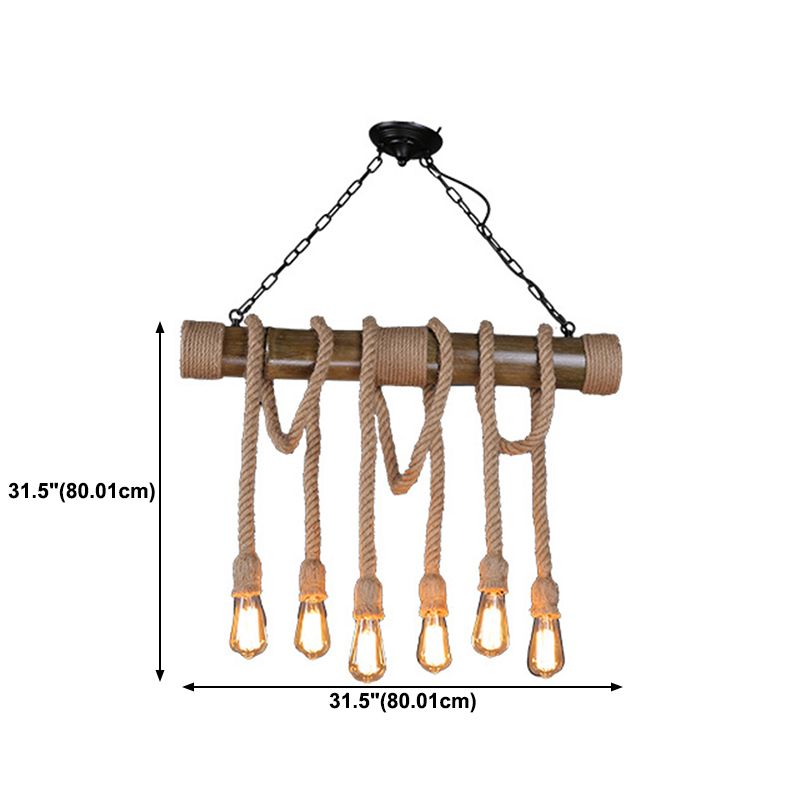 6-Light Hemp Rope Pendant Rustic Beige Exposed Bulb Restaurant Island Light