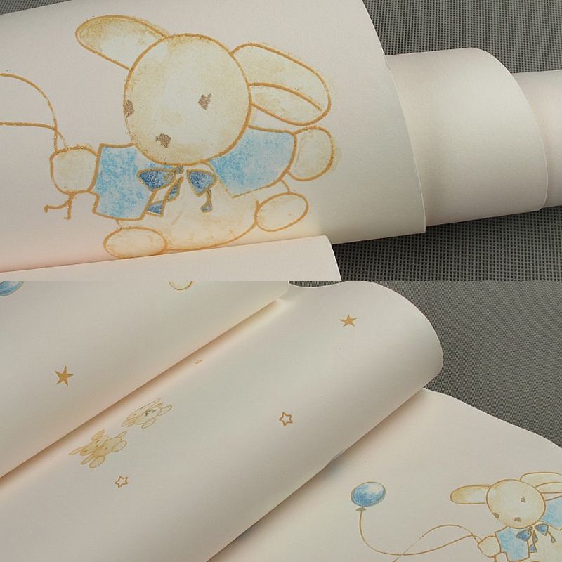 Rabbit with Balloons Patterned Wallpaper Pastel Color Novelty Wall Art for Kindergarten