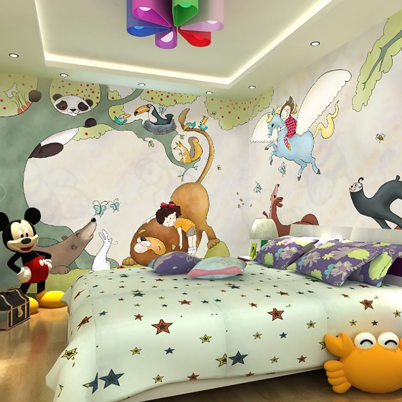 Illustration Cartoon Animal Mural for Children 3D Effect Wall Covering for Kid's Bedroom