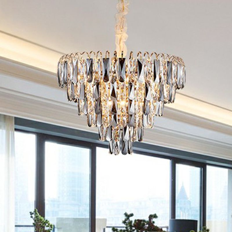 Minimalist Cone Pendant Chandelier K9 Smoke Grey Crystal Living Room Suspension Lamp