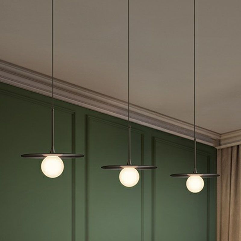 Flat Metallic Ceiling Light Simplicity Single-Bulb Hanging Pendant Lamp with Ball White Glass Shade