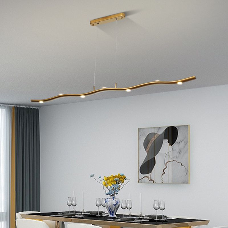 Gold/Wood Waving Line Suspension Light Simple LED Metallic Ceiling Chandelier in Warm/White Light