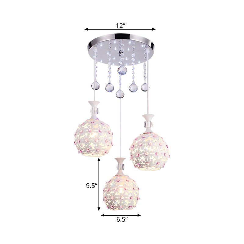 Luz de péndulo de flora blanca con diseño de bola colgante de racimo de hierro de 3 cabezas con gotas de cristal