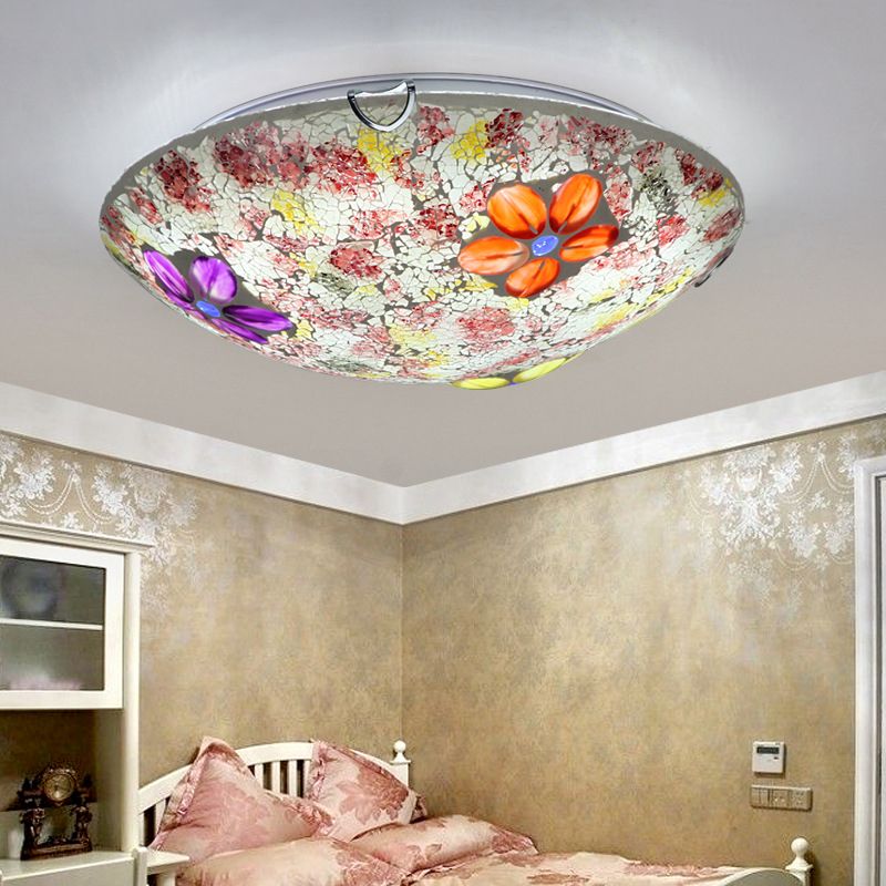 Tiffany Style Round Ceiling Light Stained Glass 1 Bulb Flush Mount Ceiling Light with Flower Pattern in Purple/Pink
