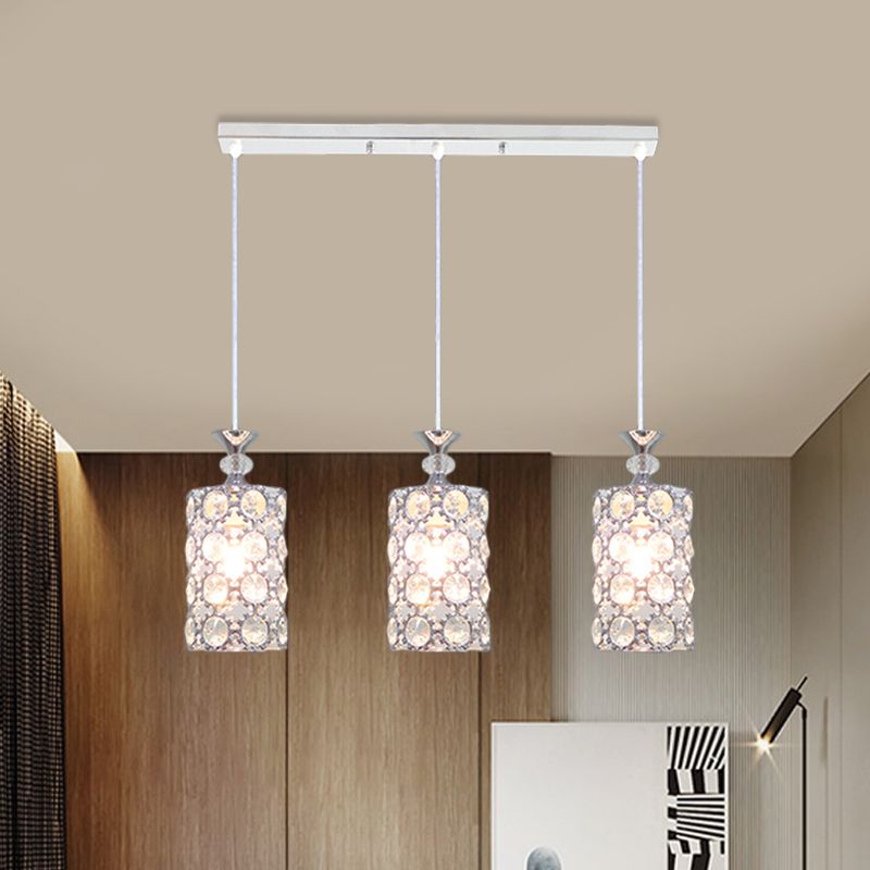 3 Lights Restaurant Hanging Deckenlampe Moderner Silber Cluster Anhänger mit Zylinderkristall, schrubten Schatten
