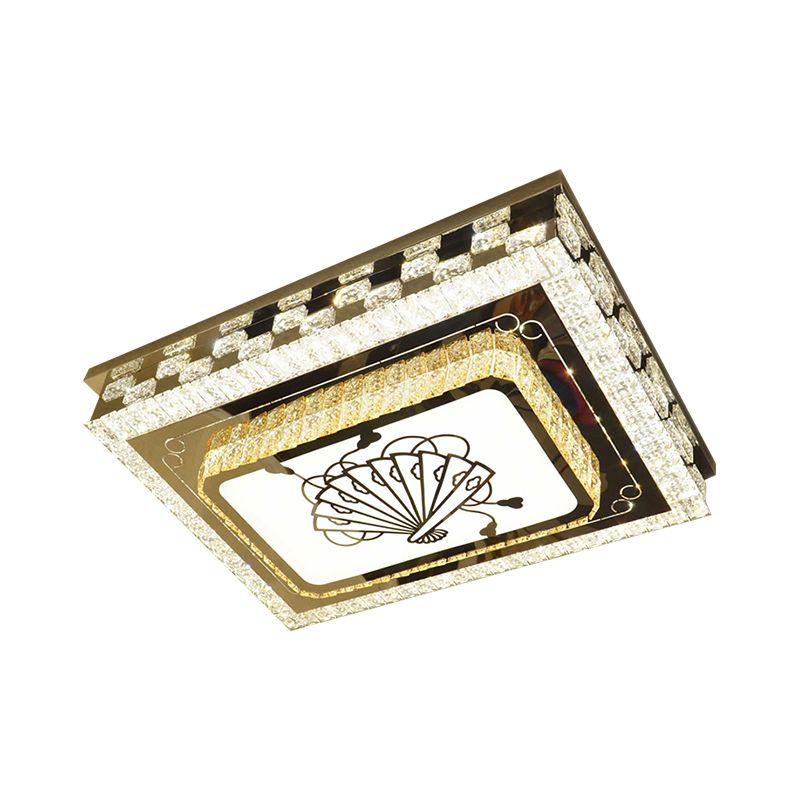 Oblong Drawing Room Ceiling Light Crystal Block LED Modernism Flush Mount with Folding Fan Pattern in Chrome