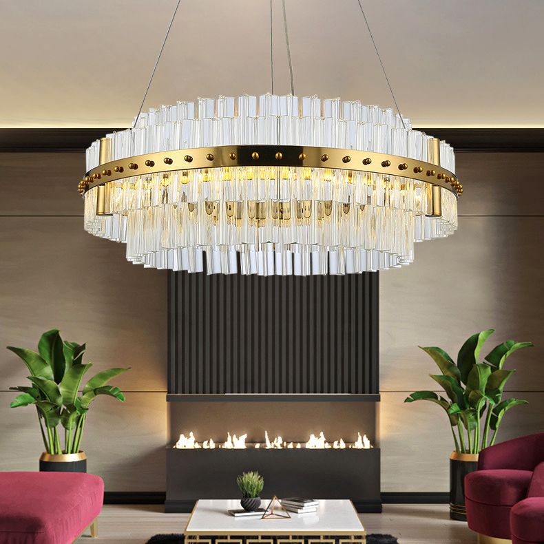 Gold Plated Round Chandelier Lamp Minimalist Crystal LED Hanging Light with Riveted Detail