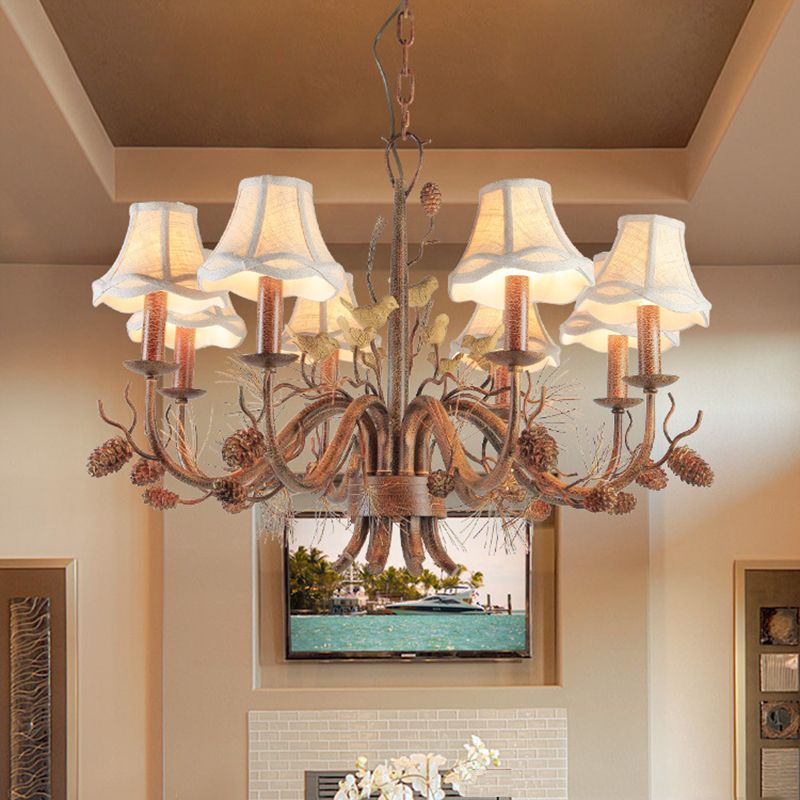 Brown Scalloped Pendant Lighting Rustic Metal 8 Lights Living Room Chandelier with White Fabric Shade and Pinecone