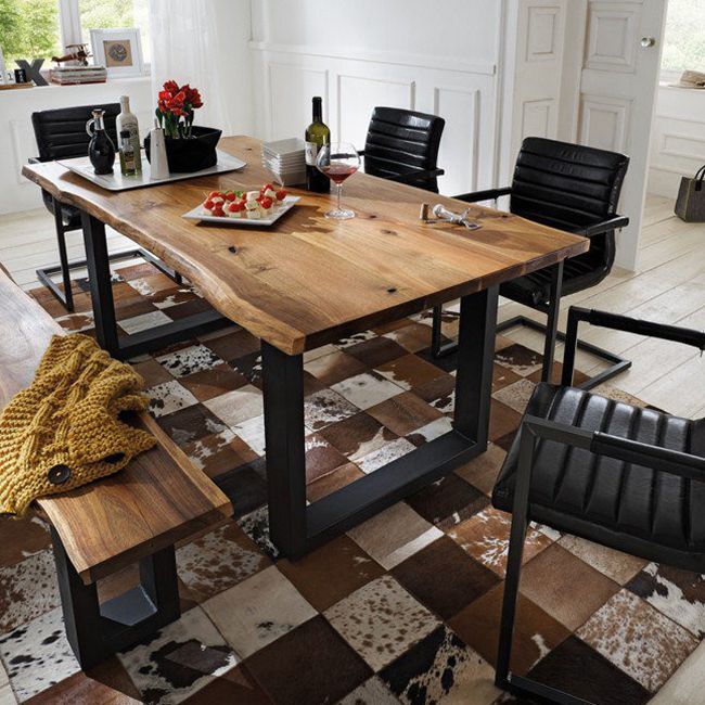 Metal Industrial Rectangle Dining Table Solid Wood Top Table with Sled Base