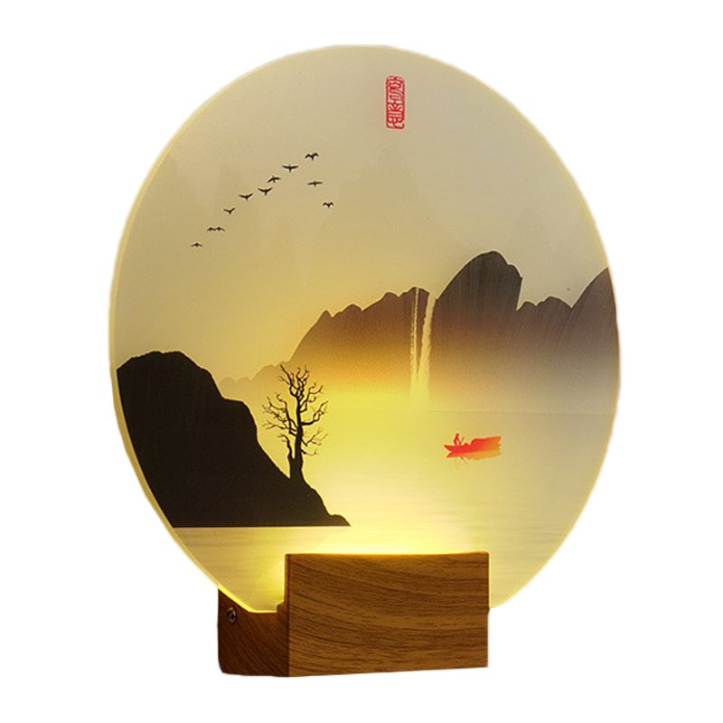 Cirkelvormige acryl rivier en berg muurschildering licht Chinese stijl led bruine wandbevestiging verlichtingsarmatuur