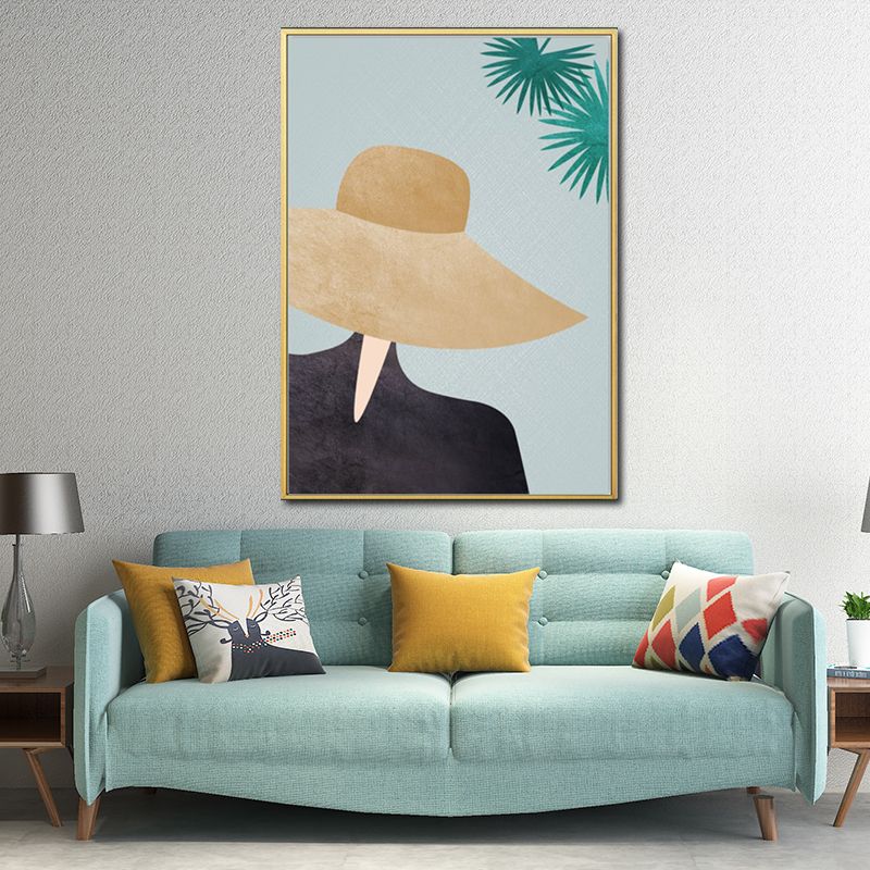 Yellow Nordic Style Canvas Art Woman Wearing Floppy Hat Wall Decor for Girls Bedroom