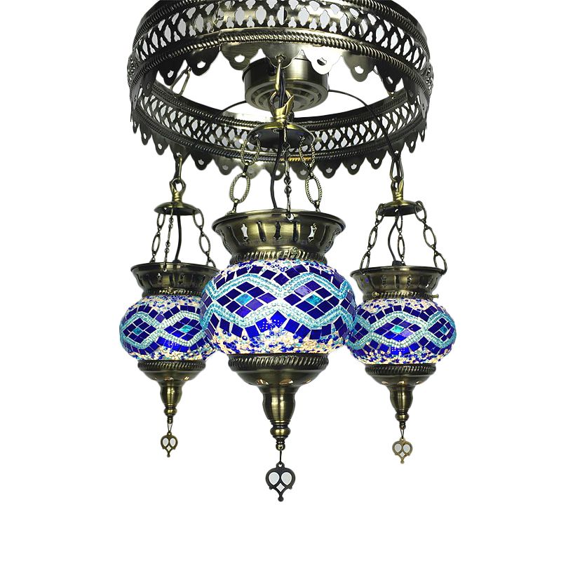 Stained Art Glass Oval Chandelier Lighting Traditional 3 Heads Bedroom Ceiling Chandelier in Yellow/Orange/Blue
