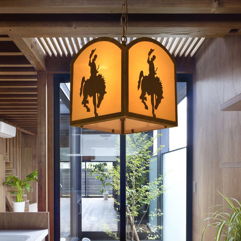Square Pendant Lighting Metal Vintage 1 Bulb Restaurant Hanging Light Kit in Rust with Horse Pattern