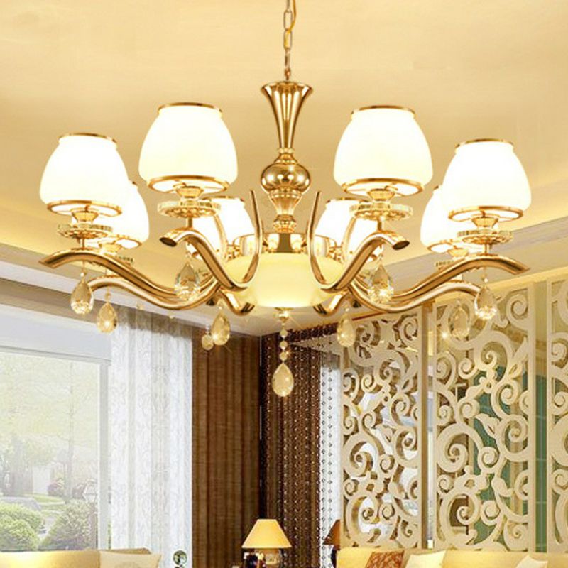 Gold Finish Chandelier Lamp Minimalist Tapered White Glass Hanging Light for Sitting Room