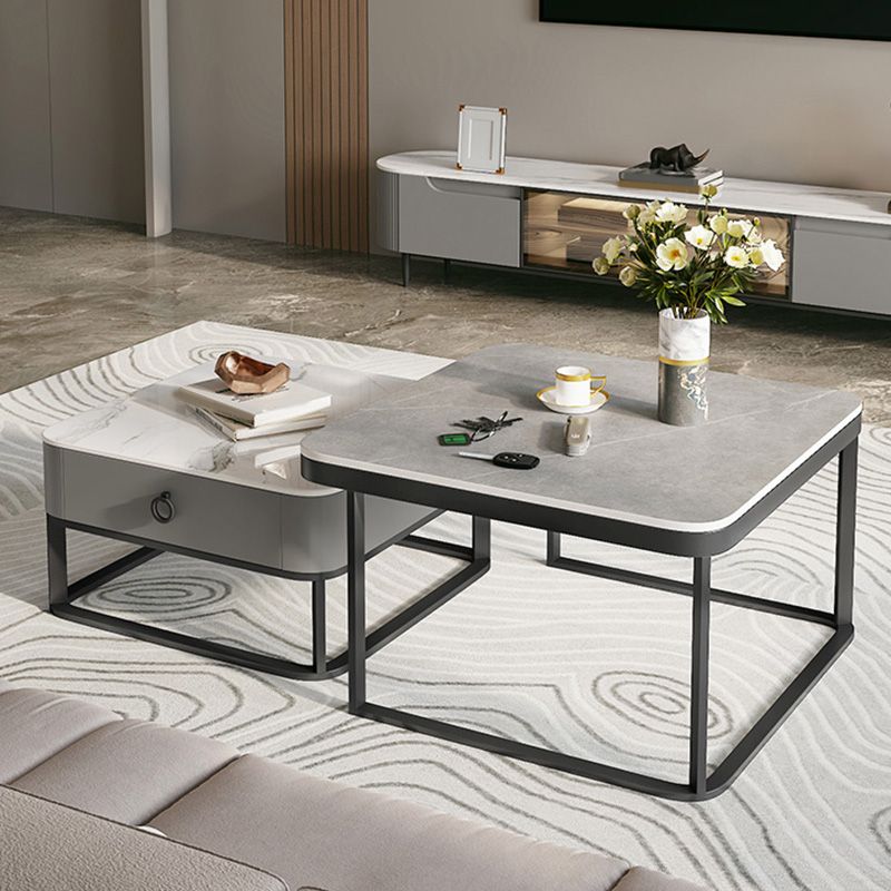 Glass/Slate Top Coffee Table Contemporary Frame Coffee Cocktail Table with Drawers